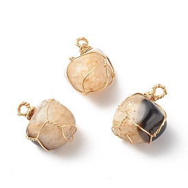 Pendeloques de cristal agate, avec du vrai fil de cuivre plaqué or 18k enroulé, teints et chauffée, nuggets