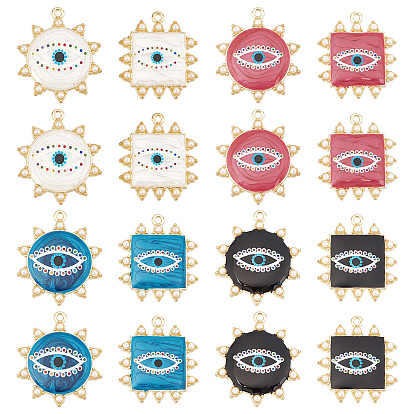 16Pcs 8 Style Rack Plating Printed Alloy Pendants, with Enamel and ABS Plastic Imitation Pearl, Cadmium Free & Nickel Free & Lead Free, Square & Sun with Eye, Light Gold