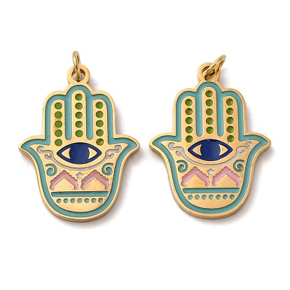 304 Stainless Steel Enamel Pendants, Hamsa Hand/Hand of Miriam with Evil Eye Charm, with Jump Ring, Ion Plating(IP)