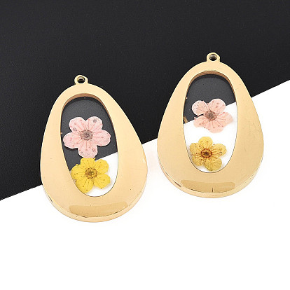 304 подвески из нержавеющей стали с эпоксидной смолой, слезинка с сухоцветом, ионное покрытие (ip), реальный 18 k позолоченный