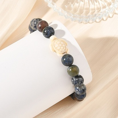 8.5MM Natural Dumortierite Round Beaded Stretch Bracelets, Ocean Sea Turtle Dyed Synthetic Turquoise Bracelets