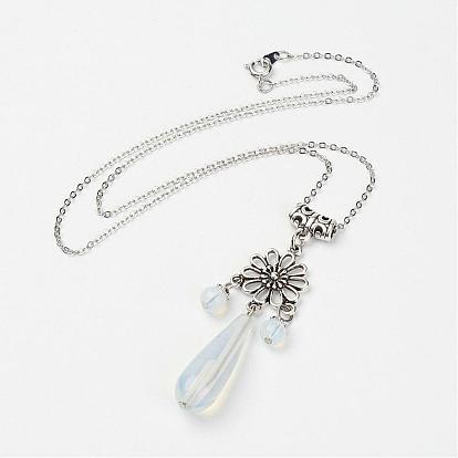 Gemstone Jewelry Sets, Pendant Necklaces & Hoop Earrings, with Brass Findings, Flower & Teardrop