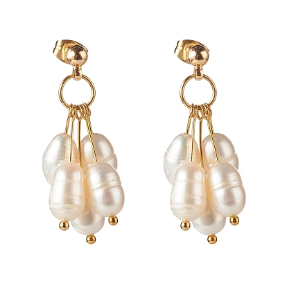 Natural Pearl Stud Earrings, with Brass Earring Findings, Rice, Golden