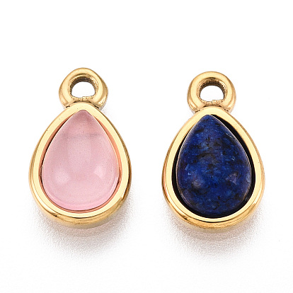 Подвески в виде слезинок из натуральных драгоценных камней, 201 из нержавеющей стали амулеты падение, реальный 18 k позолоченный, ионное покрытие (ip)