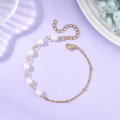 Браслеты из натурального культивированного пресноводного жемчуга, украшенные бусинами в форме рисовых зерен, с цепочками из нержавеющей стали., белые