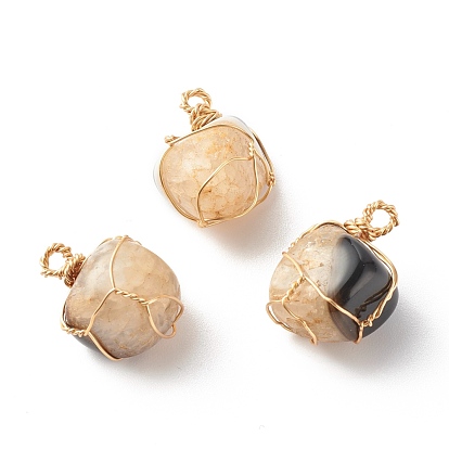 Pendeloques de cristal agate, avec du vrai fil de cuivre plaqué or 18k enroulé, teints et chauffée, nuggets