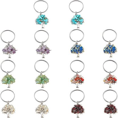 14шт 7 стильный брелок с драгоценными камнями, с антикварными подвесками из сплава с серебряным покрытием и 316 кольцами для ключей из хирургической нержавеющей стали., дерево