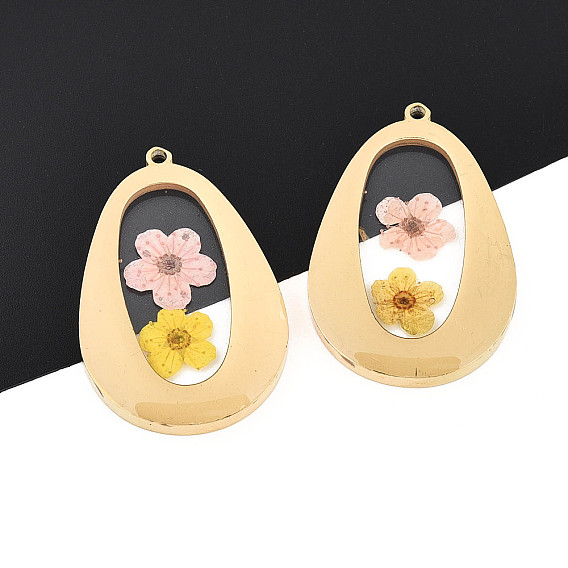 304 подвески из нержавеющей стали с эпоксидной смолой, слезинка с сухоцветом, ионное покрытие (ip), реальный 18 k позолоченный