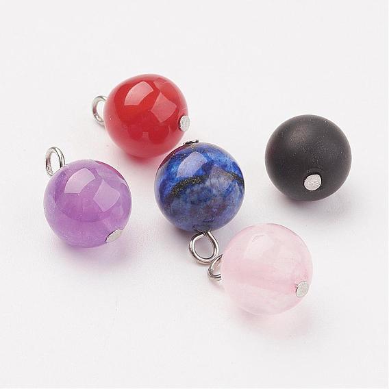 Natural Gemstone Pendants, Round Charms, with Brass Eye Pin