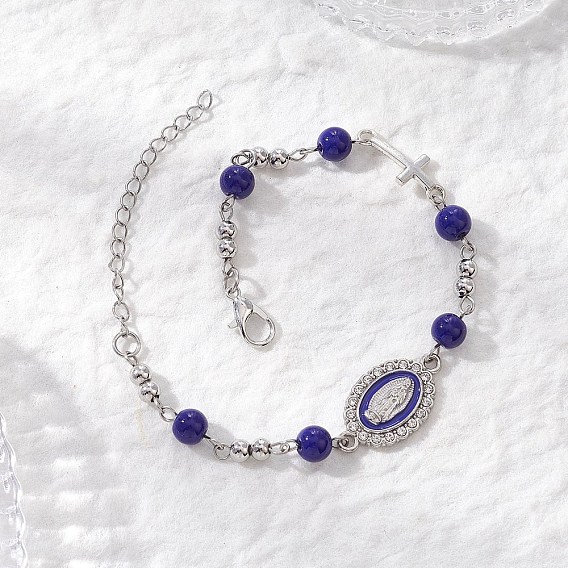 Браслеты из цинкового сплава с эмалированными звеньями, стеклянные бусины jbracelets для женщин, овальный с иисусом и крестом