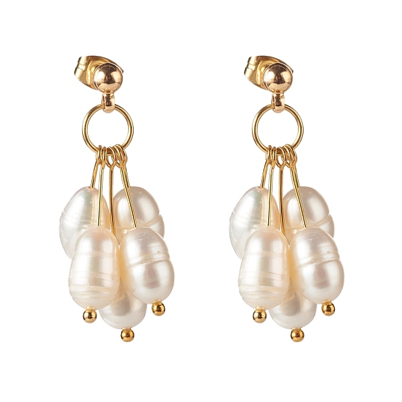 Natural Pearl Stud Earrings, with Brass Earring Findings, Rice, Golden