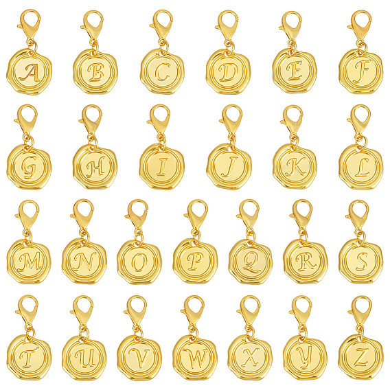26шт. плоские круглые с буквой a~z сплав подвесные украшения, Сплав с застежками когтя омара