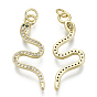 Brass Micro Pave Cubic Zirconia Pendants, with Jump Ring, Nickel Free, Snake, Real 16K Gold Plated