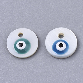 Natural Freshwater Shell Charms, with Enamel, Flat Round with Evil Eye