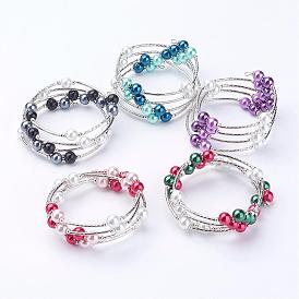 Glass Pearl Wrap Bracelets, with Iron, Brass Tube Beads, Round, Four Loops