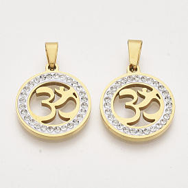 201 Stainless Steel Pendants, with Random Size Snap On Bails and Polymer Clay Crystal Rhinestones, Flat Round with Yoga/Ohm/Aum
