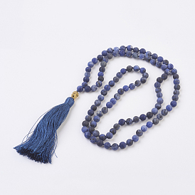 Natural Gemstone Buddha Mala Beads Necklaces, with Alloy Findings and Nylon Tassels, Frosted, 109 Beads