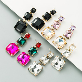 Fashionable Multi-layer Alloy Inlaid Square Glass Diamond Earrings with Colorful Zircons