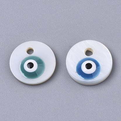 Natural Freshwater Shell Charms, with Enamel, Flat Round with Evil Eye