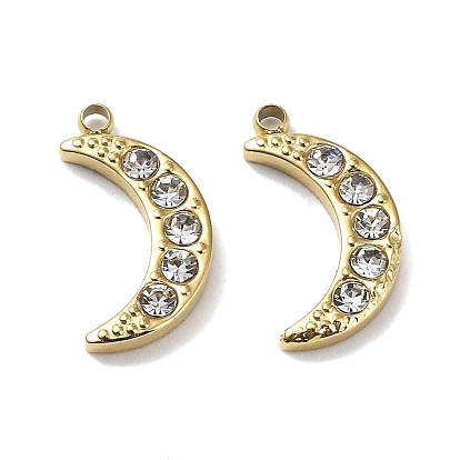 Ion Plating(IP) 304 Stainless Steel Charms, with Crystal Rhinestone, Moon Charm