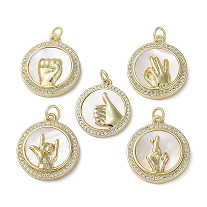 Gesture Theme Brass Micro Pave Cubic Zirconia Pendants, with Shell, Flat Round