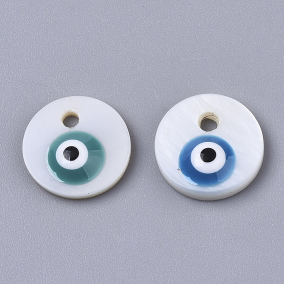 Natural Freshwater Shell Charms, with Enamel, Flat Round with Evil Eye