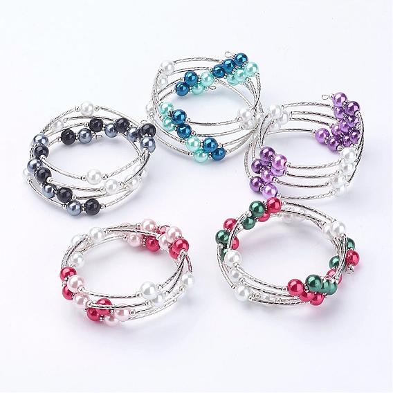 Glass Pearl Wrap Bracelets, with Iron, Brass Tube Beads, Round, Four Loops