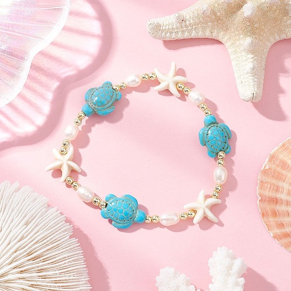 Браслеты из синтетических бирюзовых бусин в виде черепахи и морской звезды и натурального культивированного пресноводного жемчуга для женщин