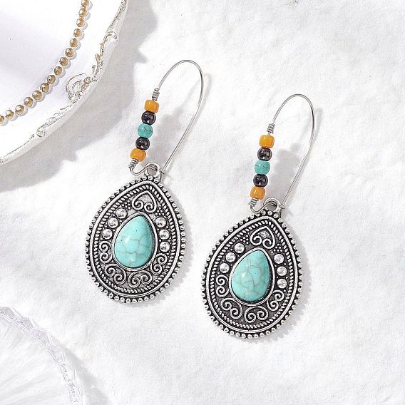 Серьги-подвески в форме капли из сплава, с синтетическими бирюзовый