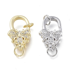 Brass Micro Pave Clear Cubic Zirconia Lobster Claw Clasps, with Jump Rings, Long-Lasting Plated, Insects