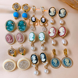 Silver needle portrait pearl oval earrings retro palace style earrings fashion high-end earrings