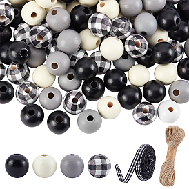 PANDAHALL ELITE DIY Wood Beads Jewelry Making Kits, Including 180Pcs 4 Colors Wood Beads, 1 Bundle Jute Cord and 1 Roll Polyester Ribbon