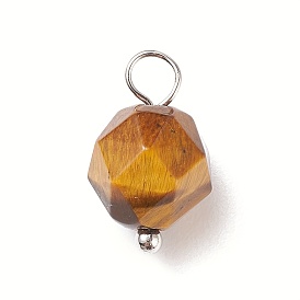 Faceted Natural Stone Star Cut Round Charms, with Platinum Tone Brass Loops