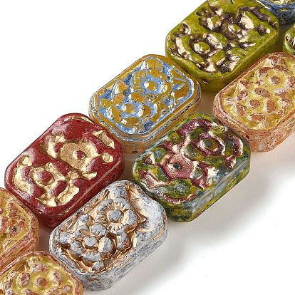 Окрашенные стеклянные бусины , металла обвитые, Прямоугольник с цветком