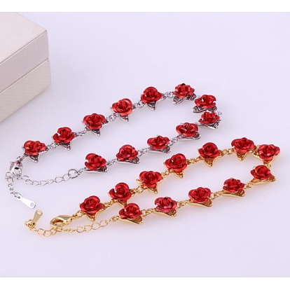 Red Aluminium Rose Flower Link Chain Bracelet, Alloy Jewelry for Women