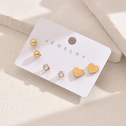 Элегантные 3пары 201серьги-гвоздики в форме сердца и круглых сережек из нержавеющей стали, с четким кубического циркония