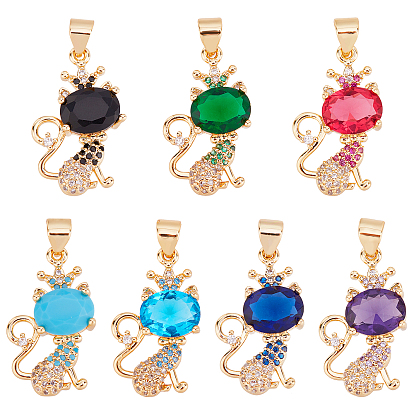 7Pcs 7 Colors Brass Micro Pave Cubic Zirconia Pendants, Real 18K Gold Plated, Cat