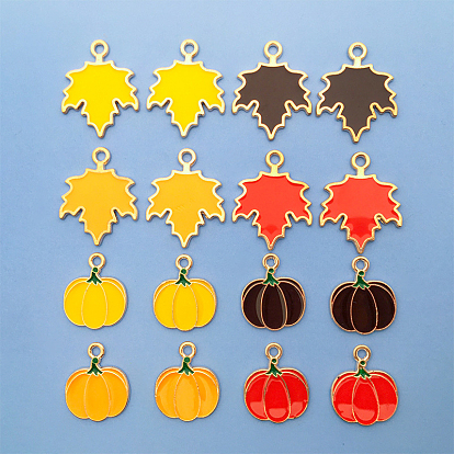 16Pcs Thanksgiving Day Alloy Enamel Pendant, Pumpkin/Maple Leaf Charm, Golden