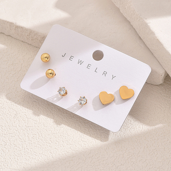 Элегантные 3пары 201серьги-гвоздики в форме сердца и круглых сережек из нержавеющей стали, с четким кубического циркония