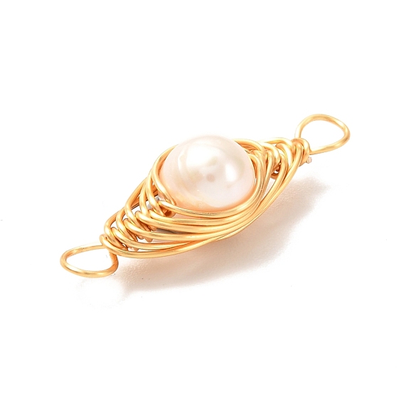 Natural Cultured Freshwater Pearl Beads Links Connectors, with Real 18K Gold Plated Eco-Friendly Copper Wire, Round