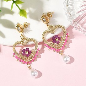 Gemstone & Glass Seed Dangle Earrings for Women, Heart, Brass Micro Clear Cubic Zirconia Sun Stud Earrings