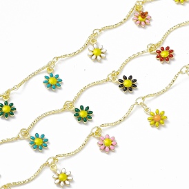 Handmade Brass Bar Link Chains, with Colorful Enamel Daisy Flower Charms, Soldered, with Spool