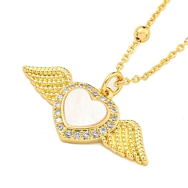 Brass Micro Pave Cubic Zirconia Pendant Necklaces, Shell Heart, Wings