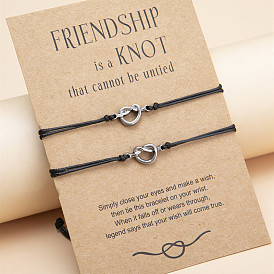Stainless Steel Knot Bracelet Set with Handmade Braided Friendship Cards (2 Pieces)