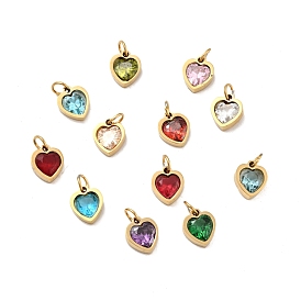 304 Stainless Steel Pendants, with Cubic Zirconia and Jump Rings, Single Stone Charms, Heart