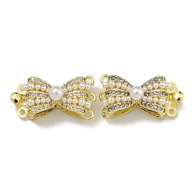 Brass Micro Pave Cubic Zirconia Box Clasps, with Plastic Pearl, Bowknot, 3-Strand, 6-Hole