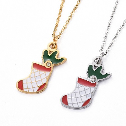 Ion Plating(IP) 304 Stainless Steel Pendant Necklaces, for Christmas, with Enamel and Rhinestone, Christmas Stocking, Colorful