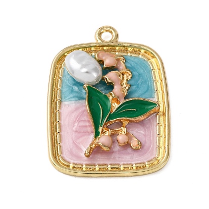 Подвески из эмали и сплава, с имитацией жемчуга и смолы., прямоугольник с цветочными подвесками, стойки покрытие, золотой свет