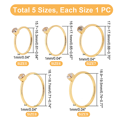 Unicraftale 5Pcs 5 Style Flat Round Rhinestone Finger Rings, Ion Plating(IP) 304 Stainless Steel Thin Finger Rings for Women, Golden