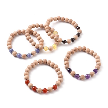 Redondos de piedras preciosas naturales pulseras del estiramiento de cuentas, con cuentas de madera natural y cuentas espaciadoras de aleación